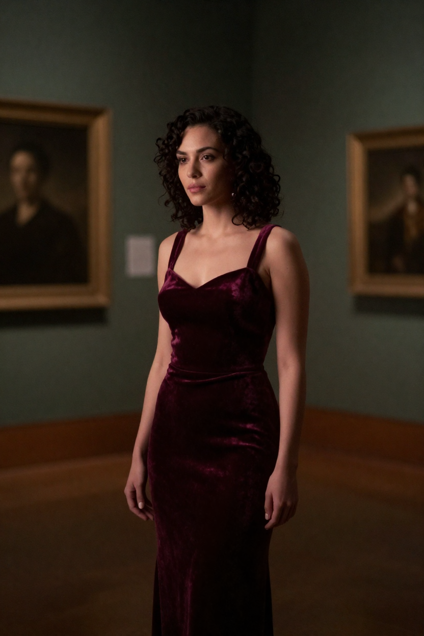 Cinematic portrait of a fictional 31-year-old woman with dark curly hair wearing a burgundy velvet evening