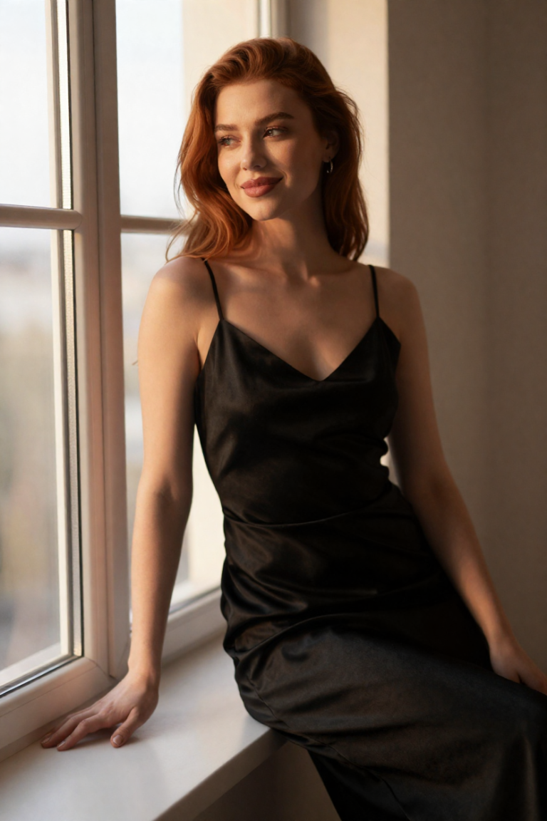 AI-generated portrait of a fictional adult woman with auburn hair in a black satin dress seated by a window, created with the GetCreator AI porn generator
